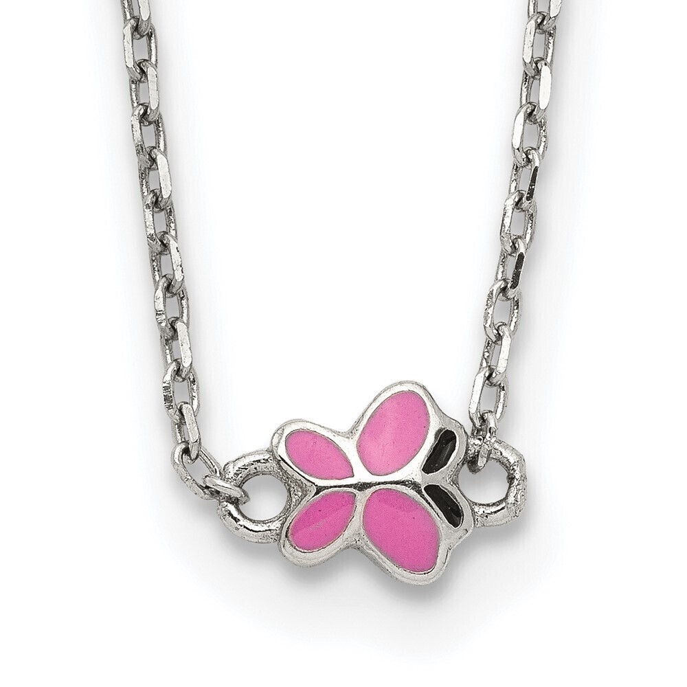 Kazi Luxury Sterling Silver RH-pltd Pink Enamel Butterfly w/2in ext Childs